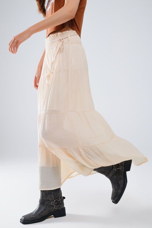 Tiered Maxi Skirt In Beige Wtih Elastic Waist And Shell Details