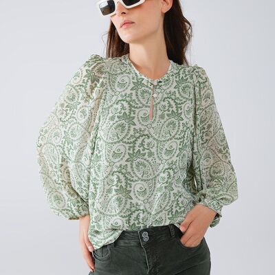 Green chiffon Blouse With Floral Print And Long Balloon Sleeves