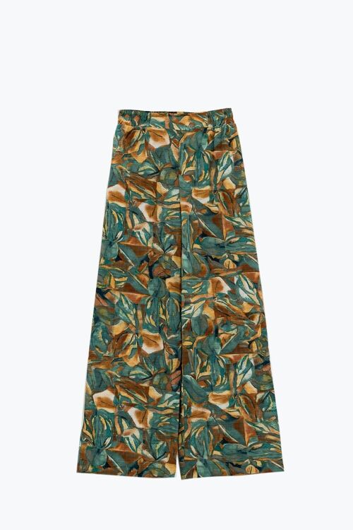 Straight Leg Pants With Floral Multicolor Print in Shades Of Green