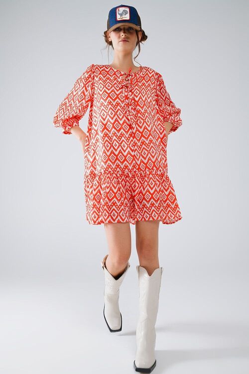 Short Dress With Tie At The Front Details in Ethnic Red Print