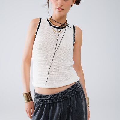 Pointelle White Sleeveless Top With Black and White Trim Detail