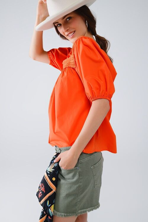 Orange Top With Square Neckline And Short Sleeves