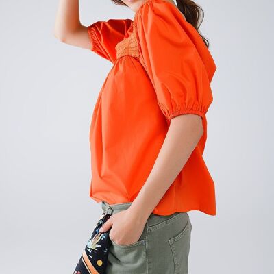 Orange Top With Square Neckline And Short Sleeves