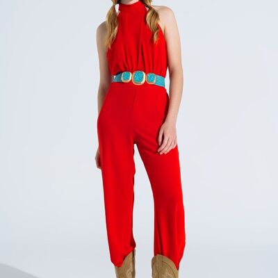 Red Jumpsuit With Crossed Halter Neckline