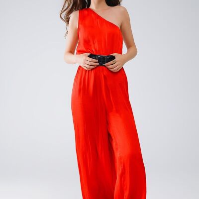 Drapped One Shoulder Jumpsuit With Cinched Waist In Red