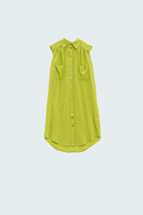 long satin shirt in lime color with pockets