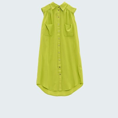chemise longue en satin couleur citron vert avec poches
