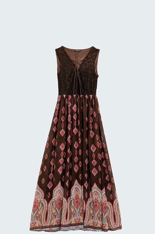 maxi brown boho dress with lace insert