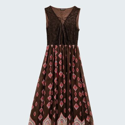 maxi brown boho dress with lace insert
