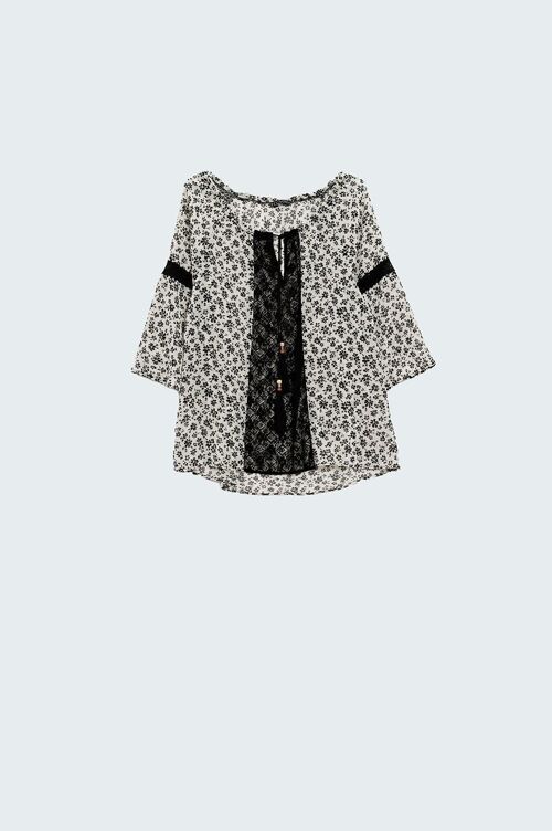 flower print chiffon blouse with lace detail