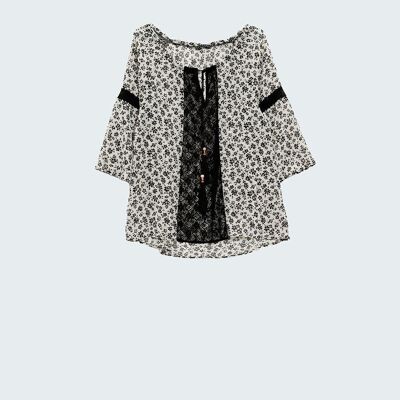 flower print chiffon blouse with lace detail