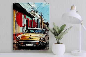 Panneau en étain indiquant 30x40cm Cuba vieille voiture jaune vintage 3