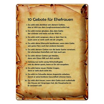 Blechschild Spruch 30x40cm 10 Gebote für Ehefrauen