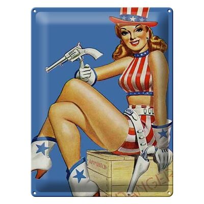 Targa in metallo Pin Up 30x40 cm pericolo Cowgirl USA pistola