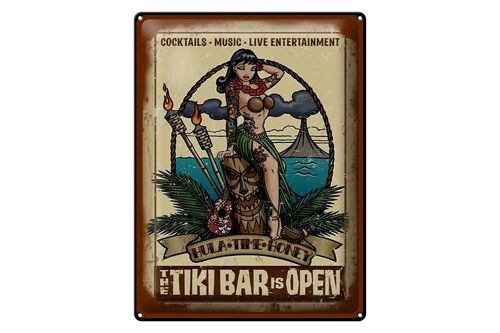 Blechschild Pin Up 30x40cm TIKI Bar is Open Cocktail Music