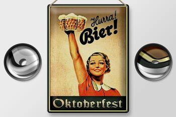 Panneau en étain disant 30x40cm Oktoberfest Hourra femme avec de la bière 2