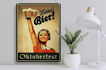 Panneau en étain disant 30x40cm Oktoberfest Hourra femme avec de la bière 3