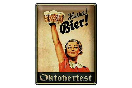 Blechschild Spruch 30x40cm Oktoberfest Hurra Frau mit Bier