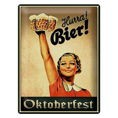 Blechschild Spruch 30x40cm Oktoberfest Hurra Frau mit Bier