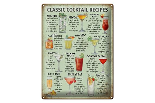 Blechschild 30x40cm classic Cocktails Rezepte Mojito MaiTai Martini Manhattan