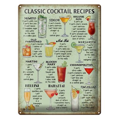 Blechschild 30x40cm classic Cocktails Rezepte Mojito MaiTai Martini Manhattan