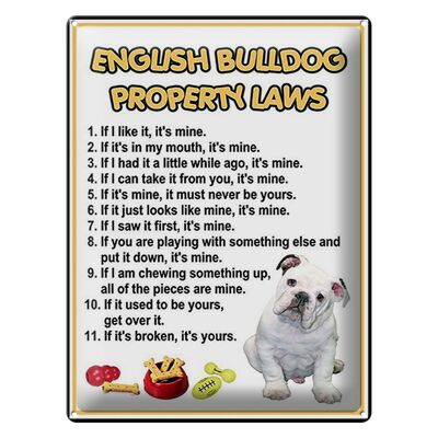 Cartel de chapa que dice leyes de propiedad del bulldog inglés de 30x40 cm