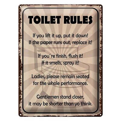 Panneau en étain indiquant les règles des toilettes de 30 x 40 cm si vous le soulevez