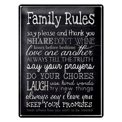 Targa in metallo 30x40 cm con scritta "Le regole della famiglia dicono per favore".