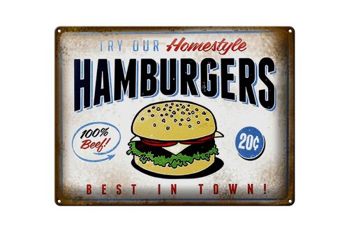 Blechschild Spruch 40x30cm Hamburger best in town 100% Beef