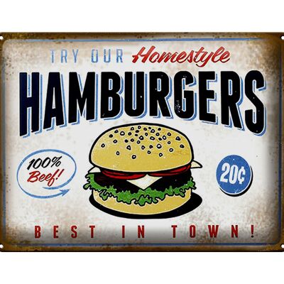 Cartel de chapa que dice 40x30cm Hamburguesa mejor de la ciudad 100% ternera