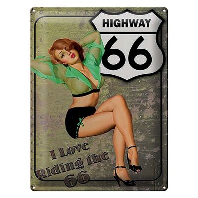 Cartel de chapa Pin Up 30x40cm Autopista 66 me encanta montar en el 66