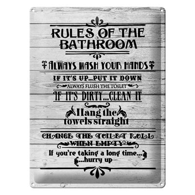 Cartel de chapa que dice 30x40cm reglas del baño lavarse las manos