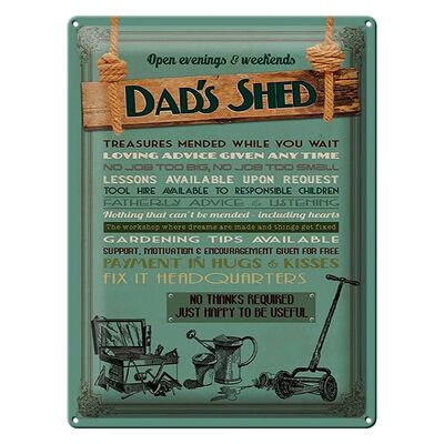 Letrero de chapa que dice 30x40cm Dad's Shed abierto los fines de semana por la noche