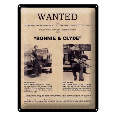 Cartel de chapa que dice 30x40cm se busca Bonnie Clyde