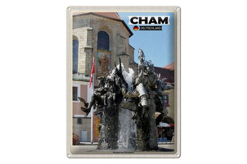 Blechschild Städte Cham Brunnen am Marktplatz 30x40cm