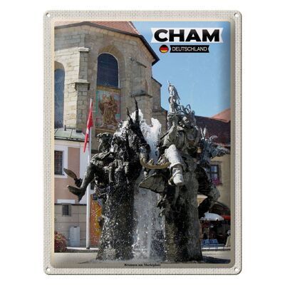 Cartel de chapa ciudades Fuente Cham en la plaza del mercado 30x40cm