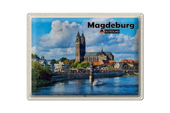 Panneau en étain villes cathédrale de Magdebourg, architecture fluviale 40x30cm 1