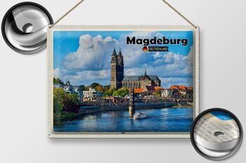 Panneau en étain villes cathédrale de Magdebourg, architecture fluviale 40x30cm 2