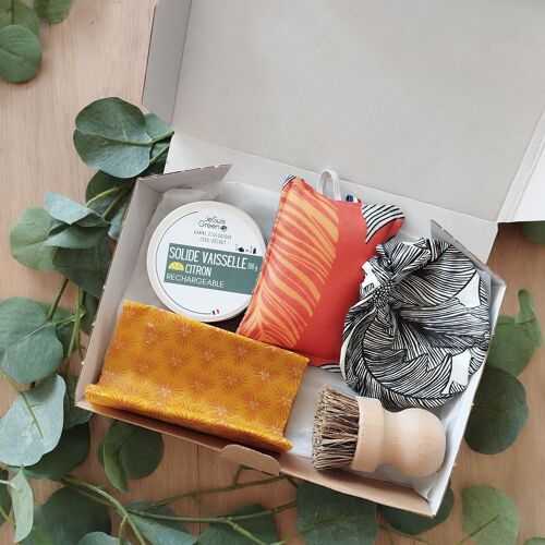 Coffret Cuisine écologique réutilisable savon vaisselle / éponge tissu / brosse grattoir /bee wrap / couvre plat taille S ( bol) - alternative écologique