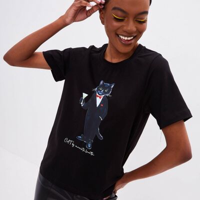 Schwarzes bedrucktes T-Shirt DANDY CAT