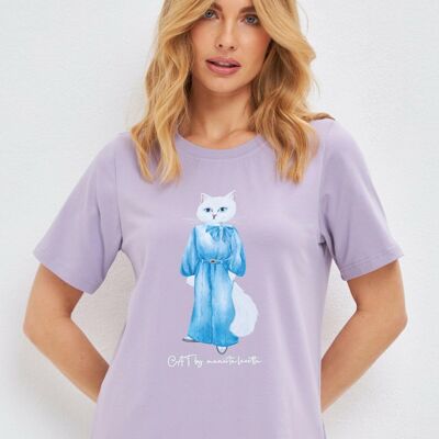 Lila bedrucktes T-Shirt DENIM CAT