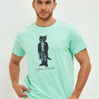 T-shirt stampata blu ROCKER CAT