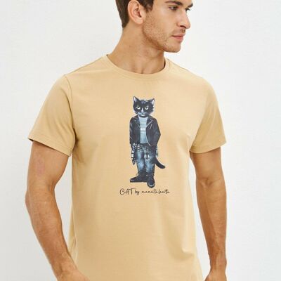 T-shirt stampata beige ROCKER CAT