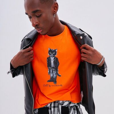 T-shirt stampata arancione ROCKER CAT