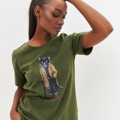 T-shirt stampata kaki TRENCH CAPPOTTO CAT