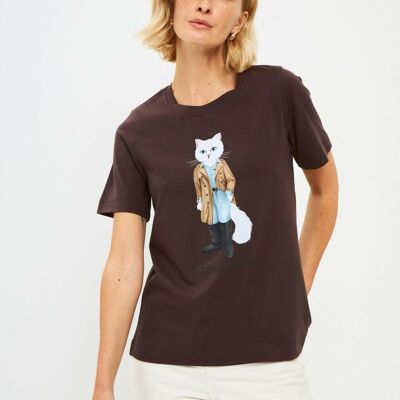 Braunes bedrucktes T-Shirt TRENCHCOAT WHITE CAT