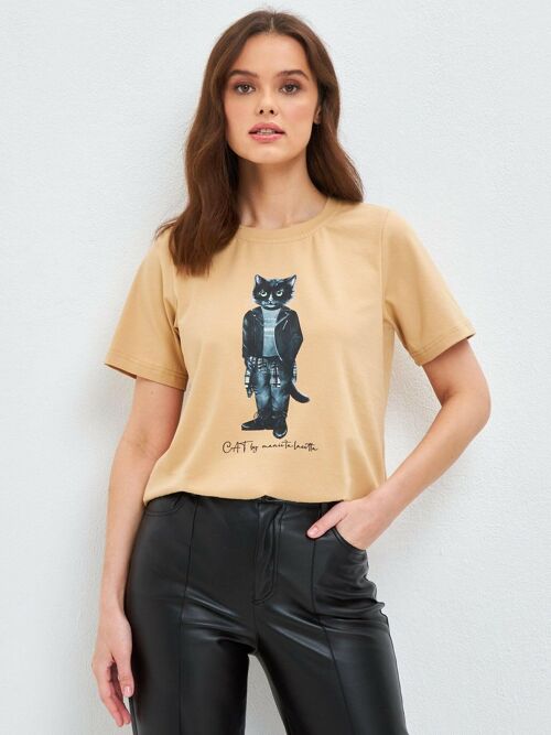 Beige Printed T-shirt ROCKER CAT