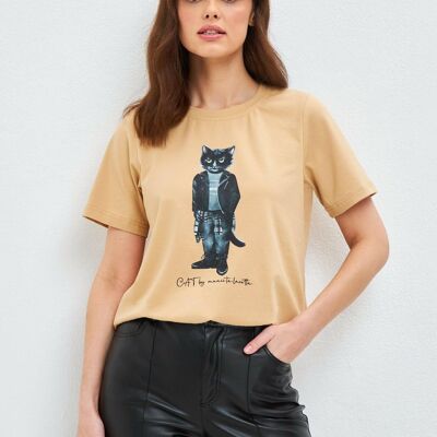 Camiseta estampada ROCKER CAT beige
