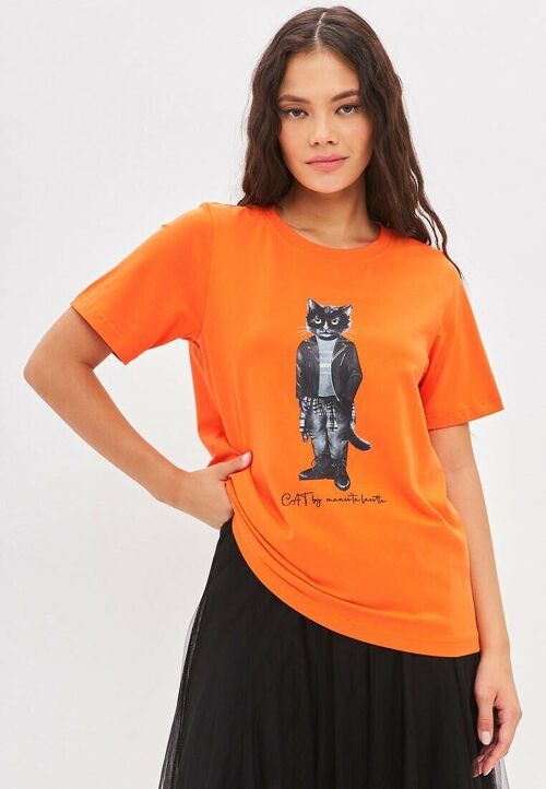 Orange Printed T-shirt ROCKER CAT