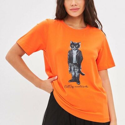 T-shirt stampata arancione ROCKER CAT